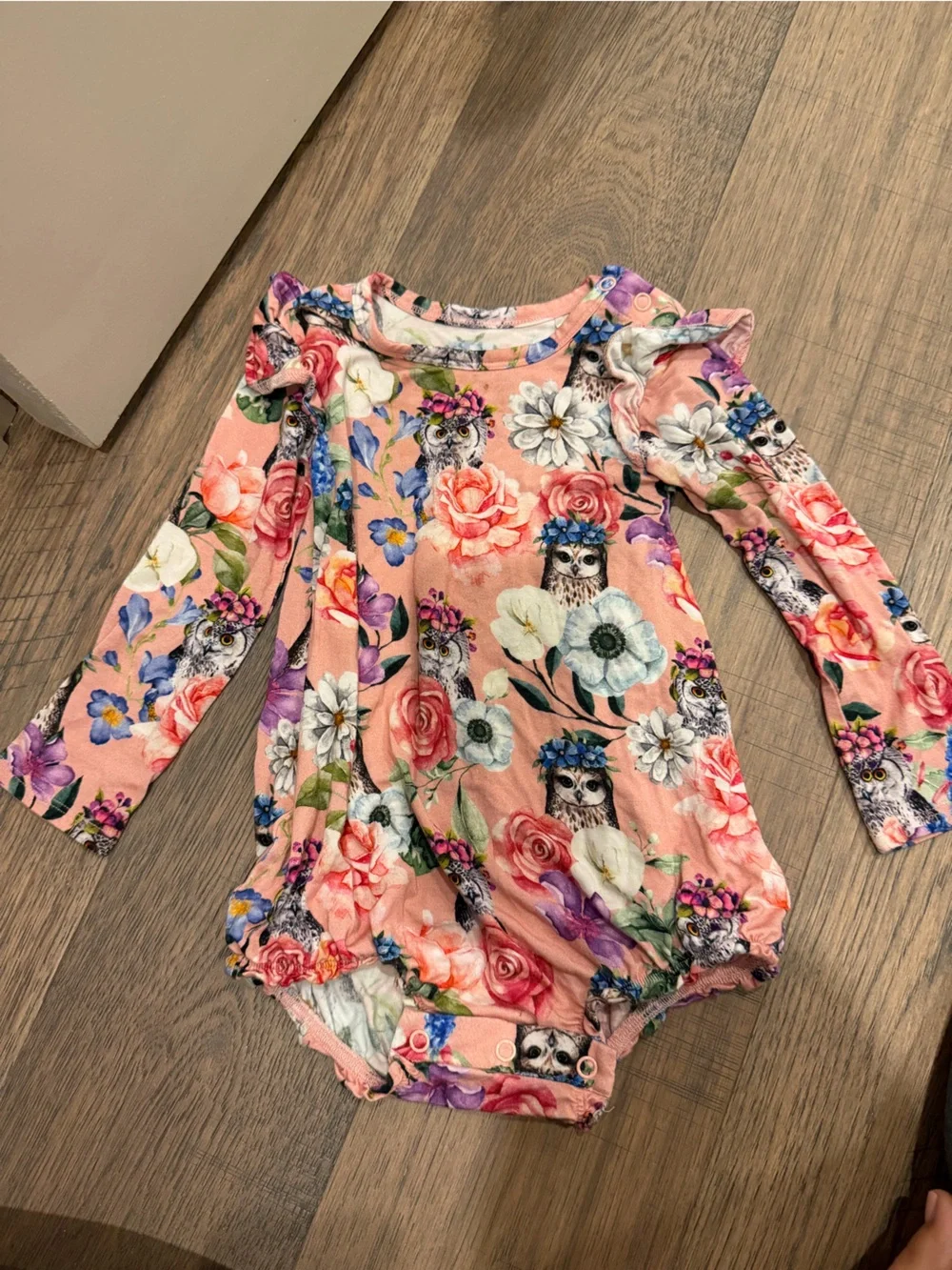 Posh Peanut Peach Floral & Owl Print Long-Sleeve One-Piece